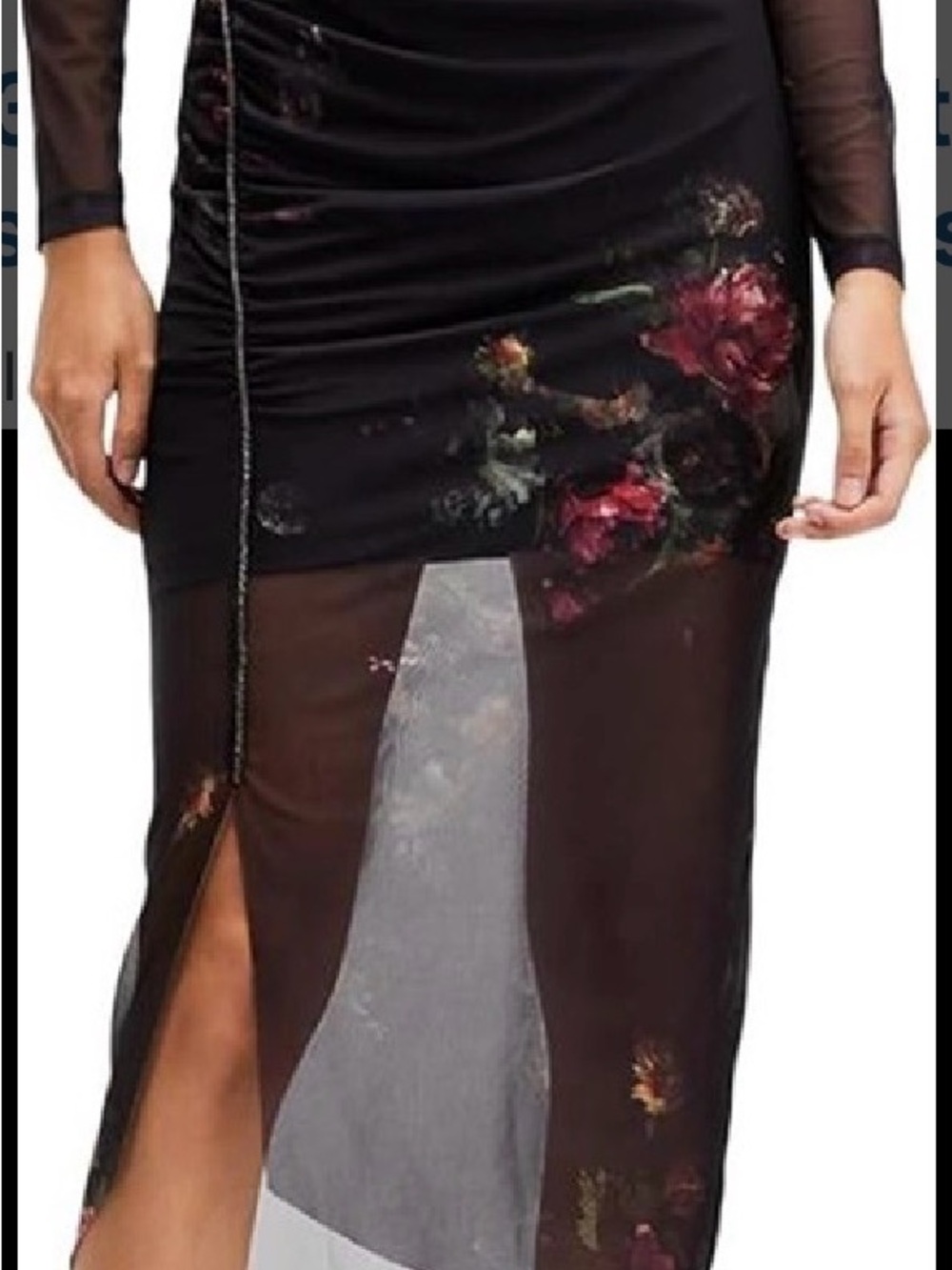 All Saints Black Sheer Floral High-Low Skirt with Red Rose Detail